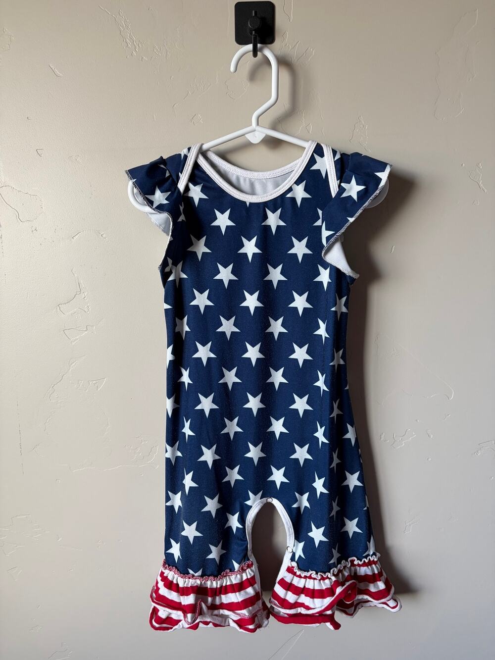 4th of July Red White and Blue Stars and Stripes Baby Girl Romper Sz 12-18m